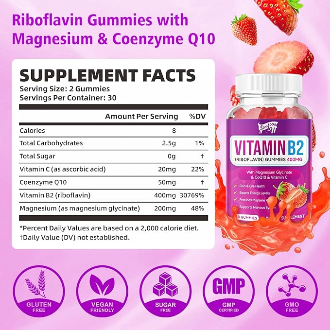Vitamin B2 Gummies- Riboflavin 400mg with Magnesium & CoQ10 & Vitamins for Kids & Adults, Migraine Relief & Headache Relief - Strawberry Flavor, 60 Gummies