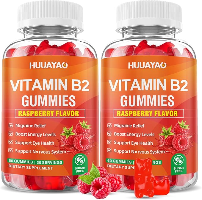Vitamin B2 Gummies, Riboflavin Supplement with Magnesium for Kids & Adults, B2 Gummies for Migraine Relief & Nervous System Support, Vegan, Sugar-Free, Raspberry Flavor, 120 Count