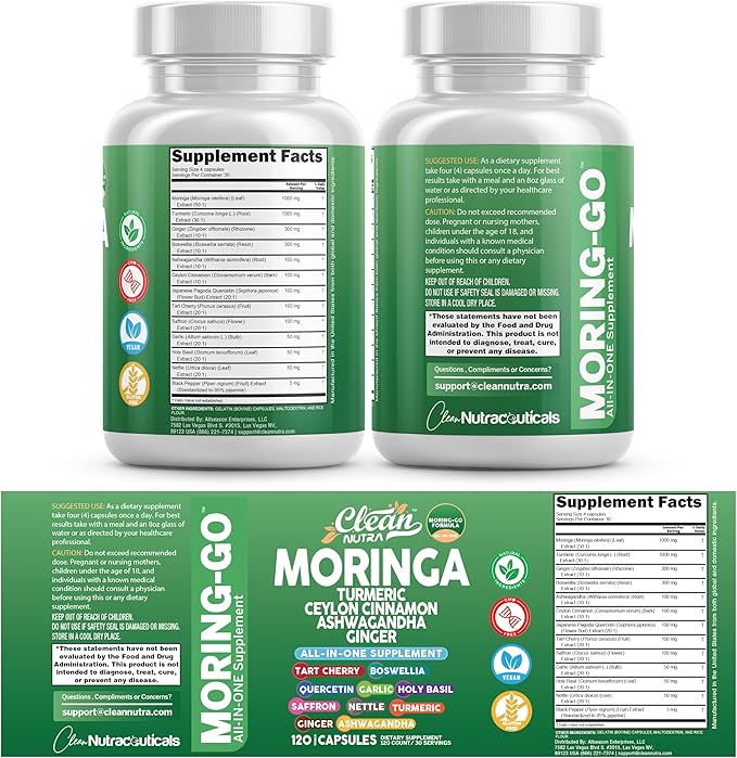 Moringa Powder Capsules + Turmeric Moringa Leaf Ceylon Cinnamon Ashwagandha Ginger Tart Cherry Boswellia Quercetin Garlic Holy Basil Saffron Nettle Black Pepper Moring-Go Supplement By Clean Nutra (2)