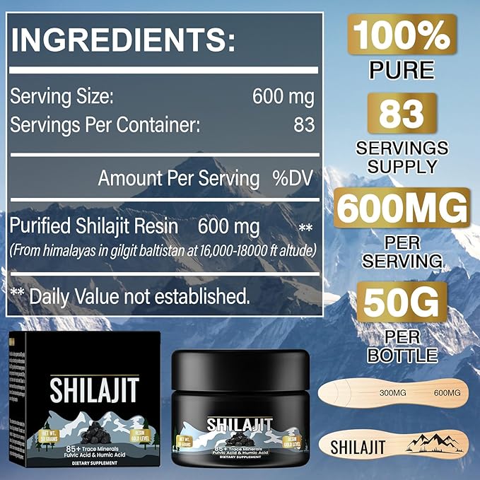 Pure Organic Shilajit Resin, 600 mg Gold Level Resin, 85+ Trace Minerals Fulvic & Humic Acid, Natural Pure Shilajit Resin for Men & Women (50G)