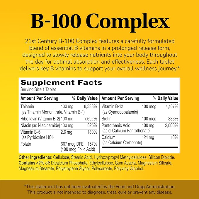 21st Century B-100 Complex Prolonged Release Tablets, 60 Count (Pack of 1), High Potency Vitamin B Complex for Nervous System, Energy Support, Includes Vitamin B1, B2, B6, Biotin & Calcium