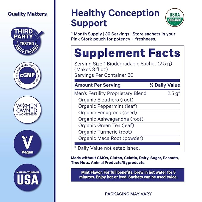 BlueStork Men's Fertility Tea: Organic Fertility Supplements for Men, Green Tea, Maca Root, and Ginkgo Biloba for Male Reproductive Health, Mint, 15 Sachets