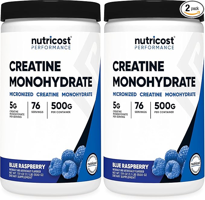Nutricost Creatine Monohydrate Powder (Blue Raspberry), 500 Grams (1.1 LBS) (Pack of 2)