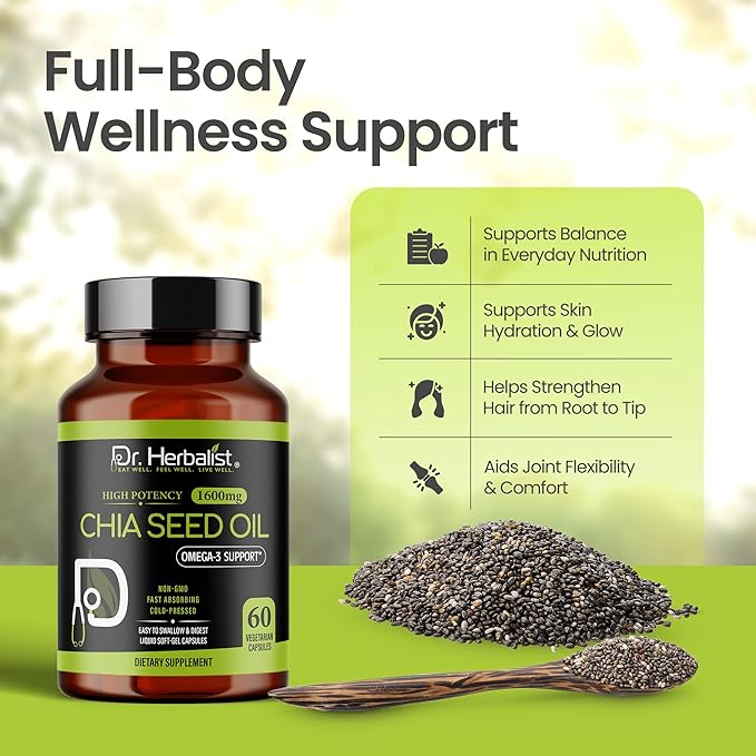 Dr. HERBALIST Chia Seed Oil 1600mg Softgels - Plant-Based Superfood Supplement with Omega 3 Fatty Acids, Antioxidants & Natural Nutrients - 60 Capsules for Men & Women