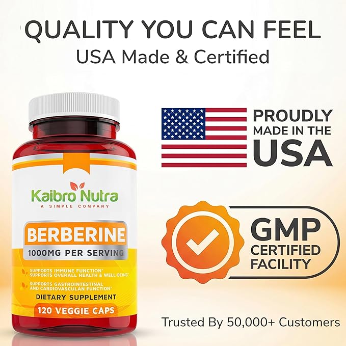 Kaibro Nutra Berberine Supplement 1000mg, Berberine HCL for Immune System, Glucose Support, Circulatory & Gastrointestinal Health, Vegan & Gluten-Free, 120 Capsules