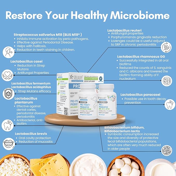 StellaLife Probiotics Oral & Gut Prebiotics Post Probiotics Kit: 44.5B CFU, 11 Oral & 6 Gut Spore strains for Digestive & Dental Health, Bad Breath Treatment, Tongue Hygiene, Strawberry Flavor, 30-day