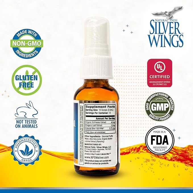 Natural Path Silver Wings Colloidal Silver 150ppm (750mcg) w/Echinacea & Oregano Immune Support Supplement - 1 fl. oz Spray