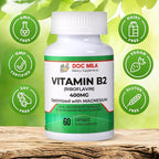 Vitamin B2 Riboflavin 400mg Capsules – Migraine Relief Supplement for Kids & Adults – Headache Support – Vegan Vitamin Tablets – 60 Pills (200mg per Capsule)