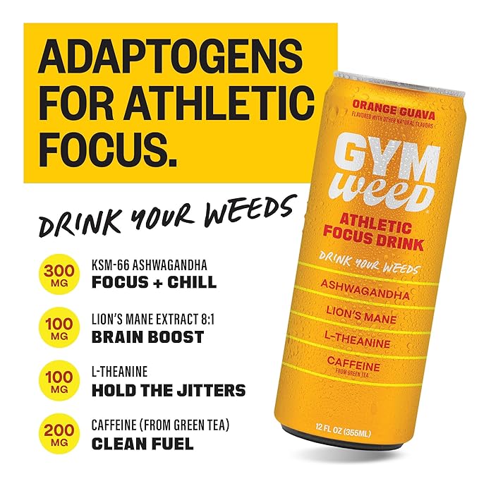 GYM WEED Athletic Focus Drink with KSM-66 Ashwagandha, Lion's Mane Mushroom, L-Theanine, 200mg Green Tea Caffeine with Natural Sweeteners Variety Pack of flavors, 12 Pack