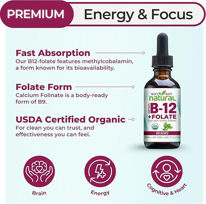 Why Not Natural Vitamin B12 Liquid Plus Folate - Organic Sublingual Extra Strength Vegan Drops - Methyl Supplement with Folinic