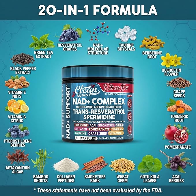 NAD Resveratrol Supplement Spermidine Fisetin Quercetin Grape Seed Gotu Kola Berberine Astaxanthin Taurine Pomegranate Acai Anti Aging Longevity Capsules for Women Men EternaGlow by Clean Nutra 90ct