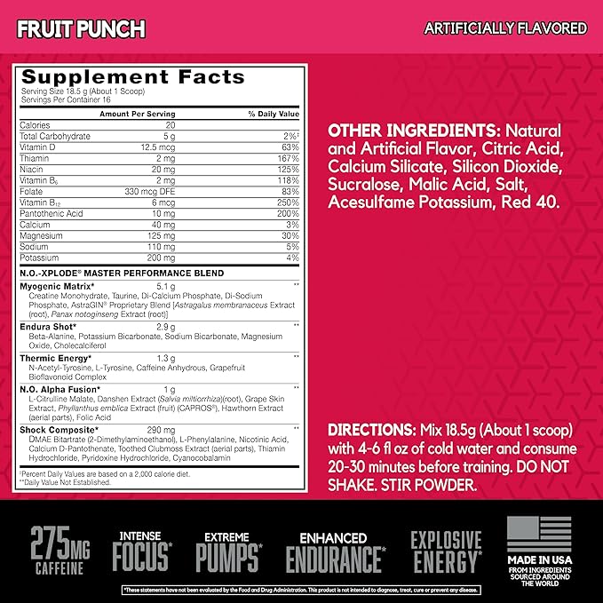 BSN N.O.-XPLODE Pre Workout Powder, Energy Supplement for Men and Women with Creatine and Beta-Alanine, Fruit Punch, 16 Servings, 0.65 Pound