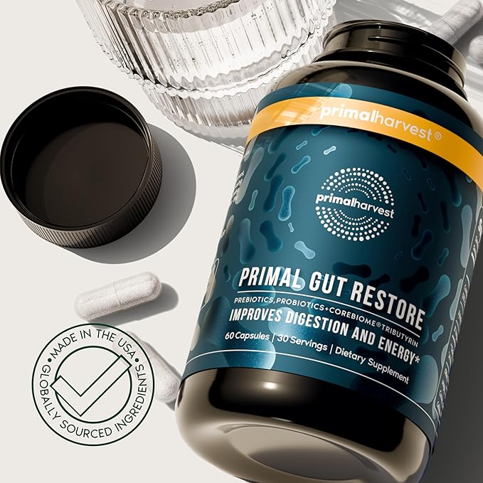 Primal Harvest 2 Pack, Restore for Gut Health, Primal Gut Restore w/POSTbiotics, PREbiotics and PRObiotics for Women and Men, 60 CT - Digestion, Colon Cleanse, Helps Leaky Gut Repair