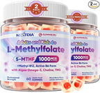 L-Methylfolate 1000 mcg + Methyl B12 Gummies for Kids & Adults - Active 5-MTHF, w/Omega-3 DHA & EPA(3:1), Choline & TMG, B6, Supports MTHFR Gene, Brain, Energy & Methylation, Sugar free, 120 Cts