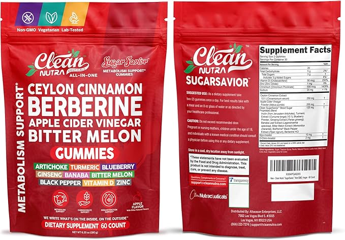 Sugar Savior Ceylon Cinnamon Berberine Gummies Apple Cider Vinegar Artichoke Turmeric Blueberry Ginseng Banaba Bitter Melon Black Pepper Vitamin D Zinc GLP1 Gummies 60 Count by Clean Nutra
