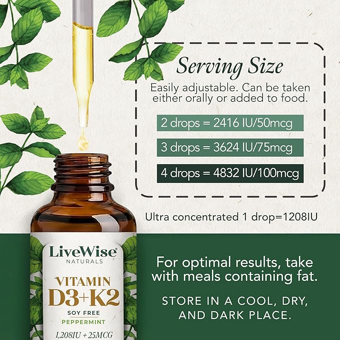Vitamin D3 K2 (MK-7) Peppermint Drops for Adults - 930 Drops, Ultra Concentrated Formulation, 1208 IU Vitamin D3, 25 MCG - Precision Micro-Dosing Dropper for Calcium & Bone Support