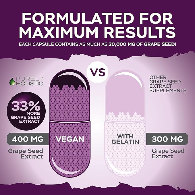 Purely Holistic Grape Seed Extract 400mg + Vitamin C 1000mg Time Release Bundle - 615 Vegan Capsules - Made in USA
