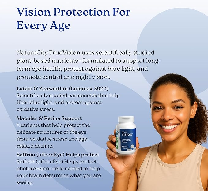 NatureCity True-Vision Eye Health Supplement - Plant-Based Lutein and Zeaxanthin with High Potency Saffron 20mg - Blue Light Protection, Support Central and Night Vision (30 Veggie Capsules)