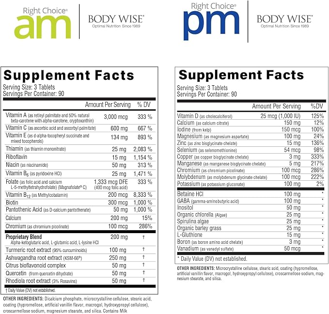 Body Wise Multi-Vitamin/Mineral Daily Nutrition Supplement – Right Choice AM Supports Energy and Alertness. Right Choice PM Formula Supports Relaxation and Recovery. – 540 Tablets - 90 Day Serving