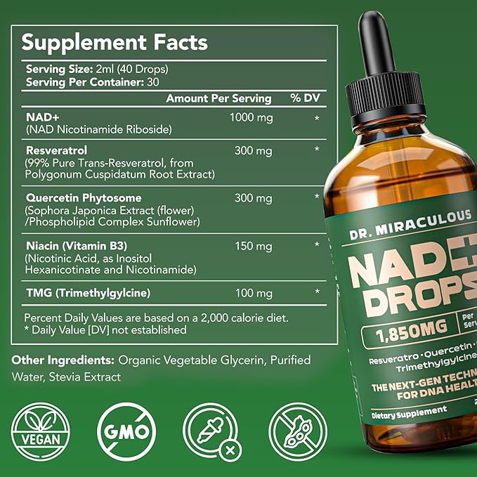 Pure NAD+ Supplements 1850mg Liquid Drops for Women & Man | Nicotinamide Riboside Organic NAD Plus Boosting Supplement - Natural Lemon Flavor