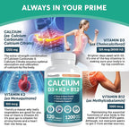 4-in-1 Calcium 1200 mg with Vitamin D3 Supplements for Women and Men - Calcium Extra Strength with Vitamin D3 K2 5000 IU Supplement,1200 mg per Serving - Vegan-Friendly - (120 Count) (Pack of 1)