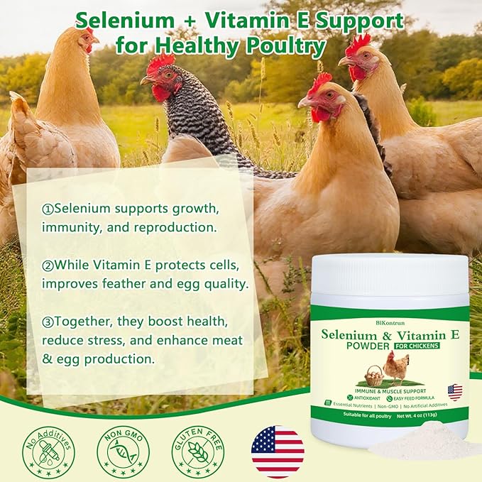Selenium and Vitamin E Powder for Chickens, Selenium for Chickens, Immune System, Muscle Support & Prevents, Improve Wry Neck, Selenium, Vitamin E Supplements, Suitable for All Poultry, Chicken & More