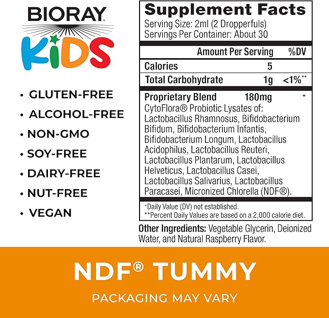 BIORAY Kids NDF Tummy, Raspberry - 2 fl oz - 11-Strain Probiotic Blend - Supports the Immune Response in the GI Tract - Non-GMO, Vegan, Gluten Free - Approx. 30 Servings