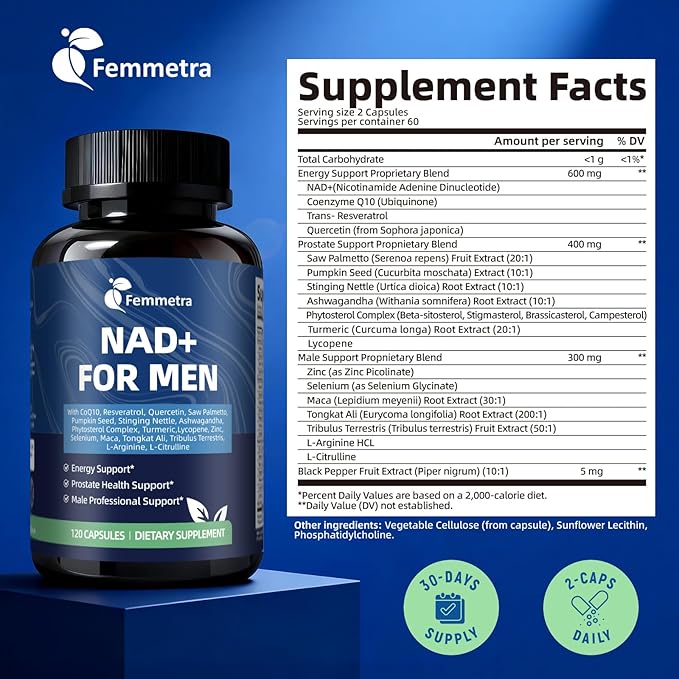 NAD Supplements for Men with 40+ | All-in-One Cellular Energy, Prostate Support & Nitric Oxide Supplement with Saw Palmetto, Resveratrol | Non-GMO, 2 Bottles