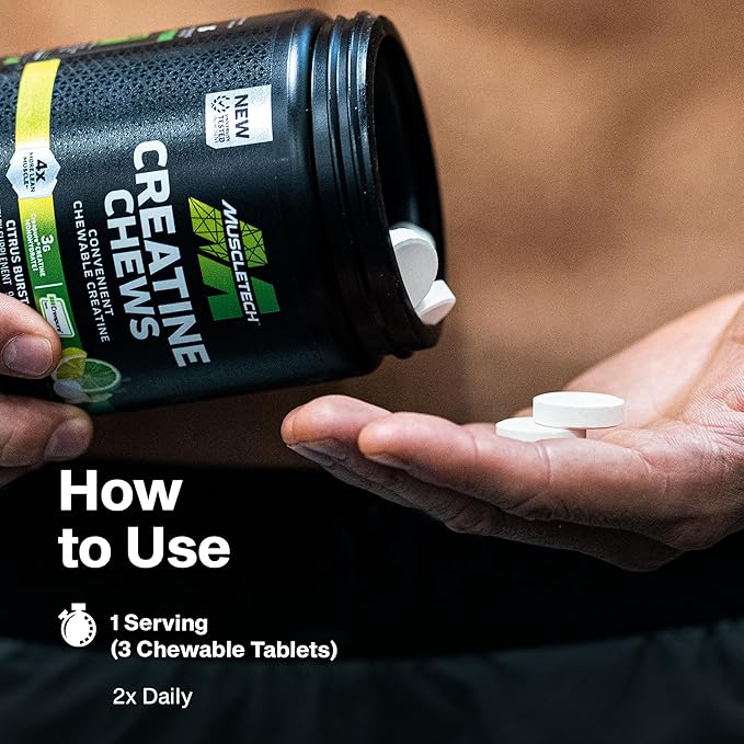 MuscleTech | Creatine Chews | Creapure Monohydrate Supplement for Muscle Recovery, Muscle Builder & Energy Boost | Pre Workout Supplement for Men & Women | Citrus Birst | 90 chewable Tablets
