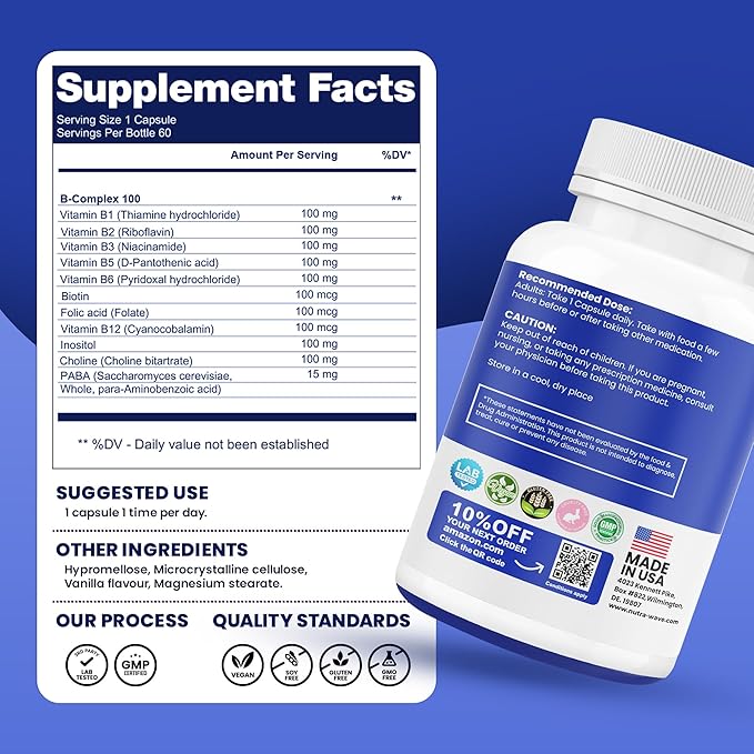 NEW Nutrawave Vitamin B Complex – Super B Vitamins for Women & Men with B1, B2, B3, B5, B6, B7, B9, B12, Choline & Inositol – Supports Energy & Nervous System – Non-GMO, Vegan – 60 Capsules