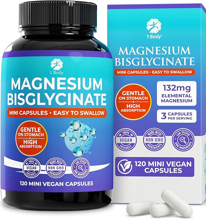 1 Body Magnesium Bisglycinate Capsules - Chelated Magnesium Supplement for Sleep Support, Muscle Cramps & Relaxation - High Absorption Formula Gentle on Stomach - 120 Count