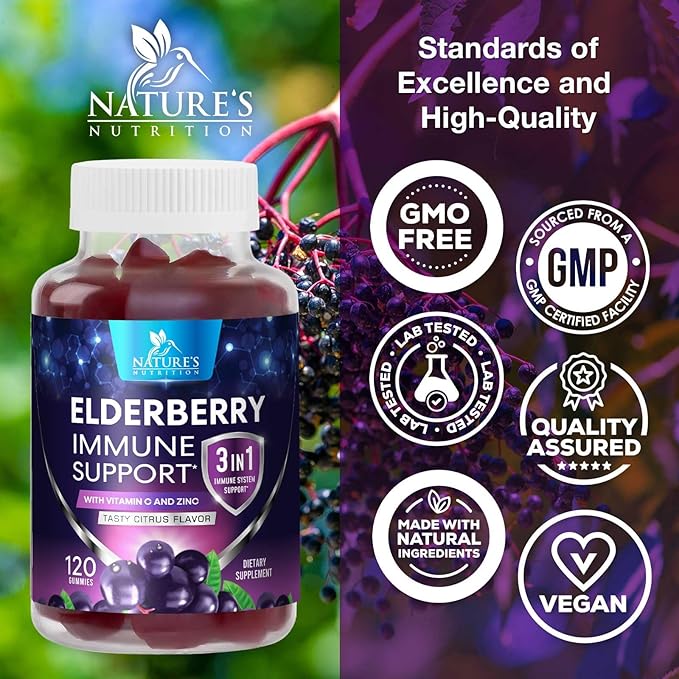 Elderberry Gummies - 3X Strength Black Elderberry Immune Support Gummy with Vitamin C, D3 and Zinc for Kids & Adults, Immune Health Support Supplement Gummy, Black Elder Berry Vitamins - 120 Gummies