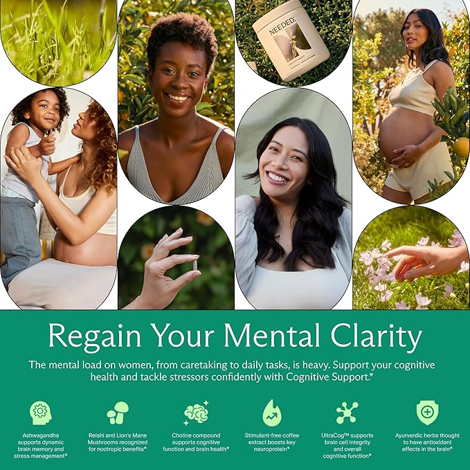Needed. Cognitive Support - Comprehensive Supplement with Ashwagandha, Reishi & Lion's Mane Mushrooms, Breastfeeding Safe - Supports Focus, Attention, & Memory, 30-Day Supply