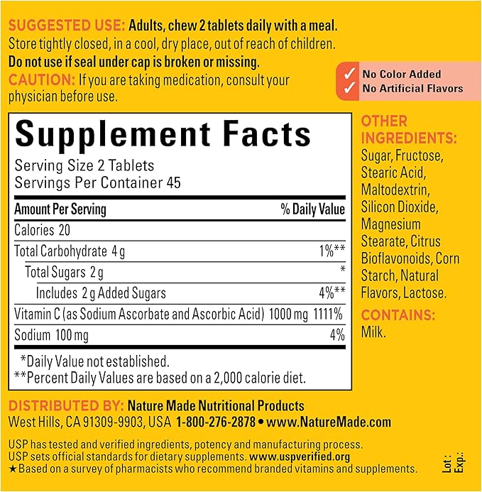 Nature Made Extra Strength Dosage Chewable Vitamin C 1000 mg per serving, Vitamin C Chewable Dietary Supplement for Immune Support, 90 Tablets, 45 Day Supply