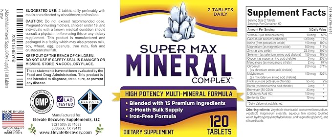 2-Month Multimineral Supplement Support Iron-Free Formula | Daily Multiminerals | Multi-Mineral Supplements | Minerals Complex | 60-Day Bulk Supply | 120 Tablets
