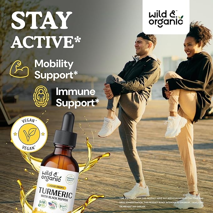 Wild & Organic Turmeric Curcumin Supplement with Black Pepper - Movement & Immune Support - Liquid Turmeric Curcumin with Black Pepper - Add to Tea Drops - Vegan, Sugar & Alcohol-Free Tincture - 2 oz