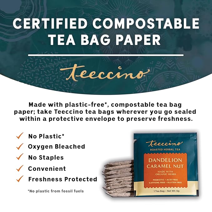 Teeccino Dandelion Caramel Nut Tea - 10 Tea Bags - Caffeine Free, Roasted Herbal Tea with Prebiotics, 3x More Herbs than Regular Tea Bags, Gluten Free