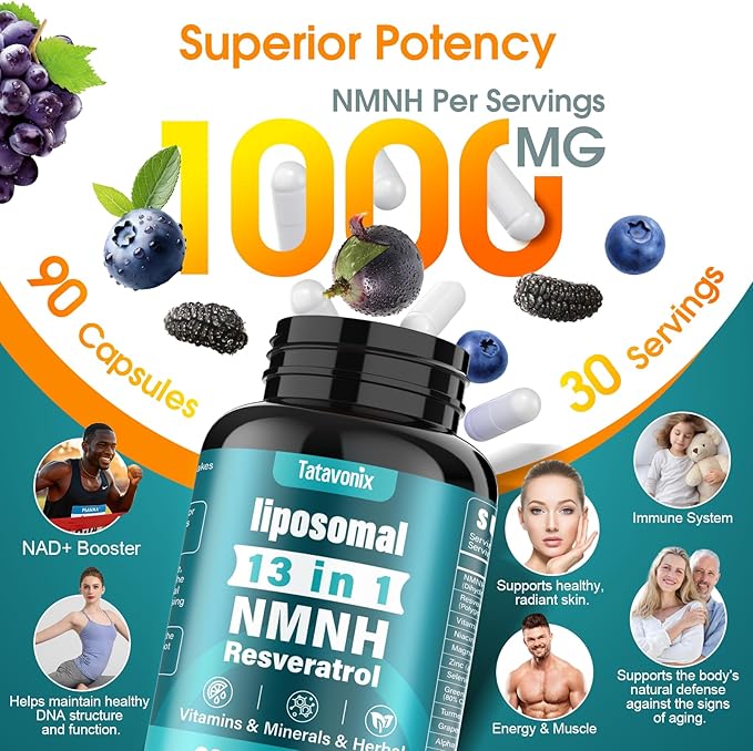 NMNH (Dihydronicotinamide Mononucleotide) 1000mg per Serving - NMN Alternative with Liposomal NAD+, Resveratrol & PQQ| Non-GMO, Gluten-Free | Supports Energy, Focus & Healthy Aging | 90 Capsules