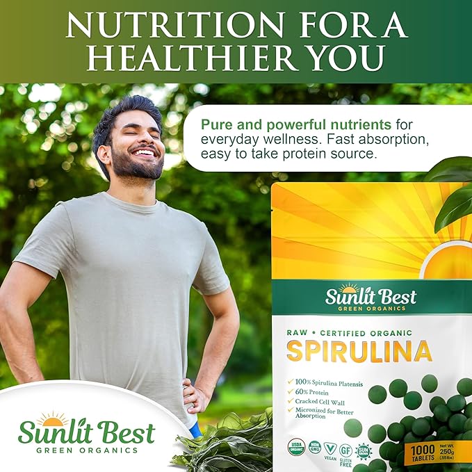 Sunlit Best Spirulina Tablets - Organic Spirulina Tablets USDA Premium 1000 Count - Natural Spirulinas Organic Burst for Immune Support Antioxidants, Energy Boost w/Chlorophyll - High Protein, Non GMO
