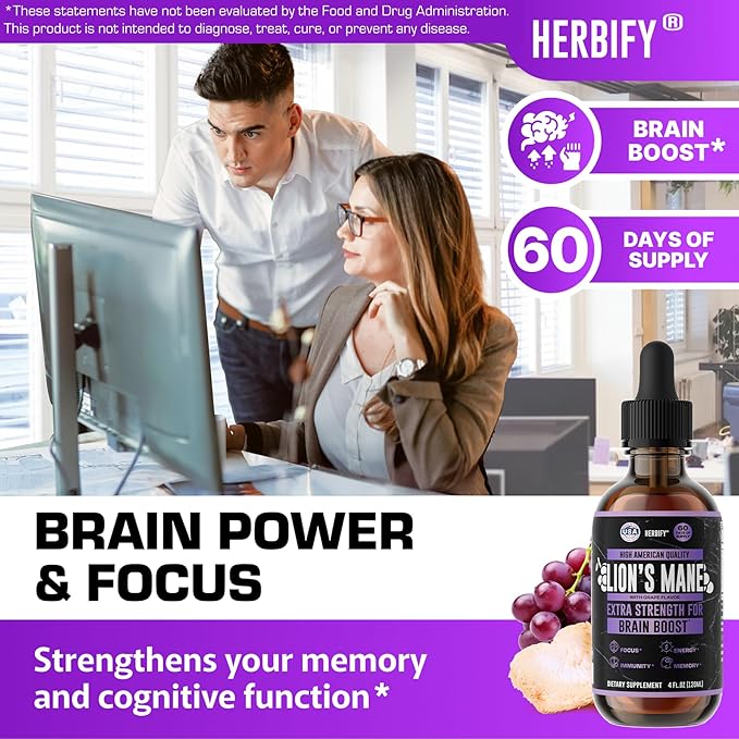 HERBIFY Lions Mane Supplement - Daily Mushroom Supplement for Memory, Focus & Clarity - Brain Booster - Lions Mane Tincture for Immune Support - 4 Fl oz Grape Flavor