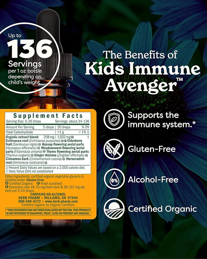Herb Pharm Kids Organic Immune Avenger with Black Elderberry & Kids Echinacea, Ginger & Cinnamon| Alcohol-Free, Non-Bitter Toddler Immune Support Supplement, Easy Absorption, 1 Oz