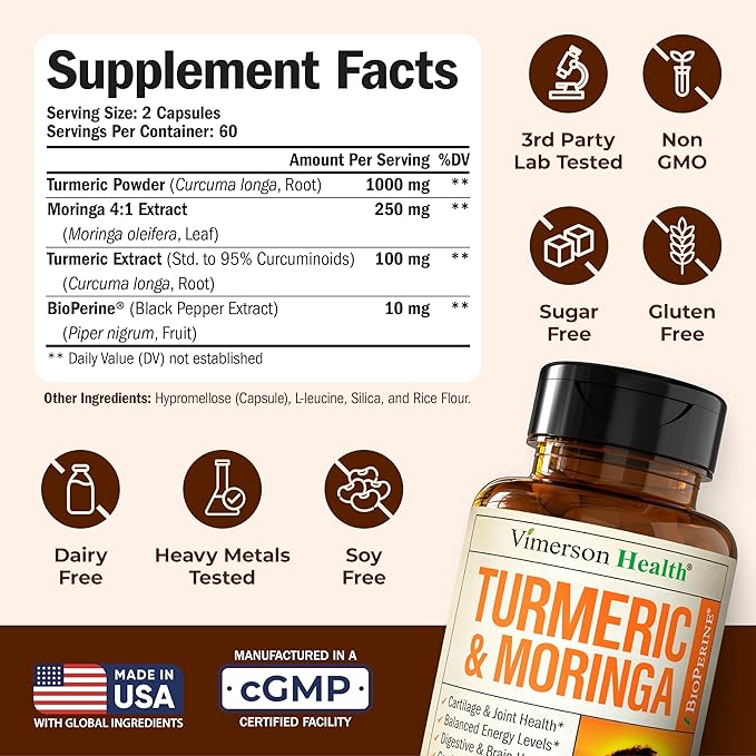 Moringa Turmeric Curcumin Supplement for Joint Health, Gut Health, Energy & Immune Support – Turmeric Curcumin with Black Pepper – Total Wellness Formula with Tumeric Moringa Pure Capsules – 120 Count