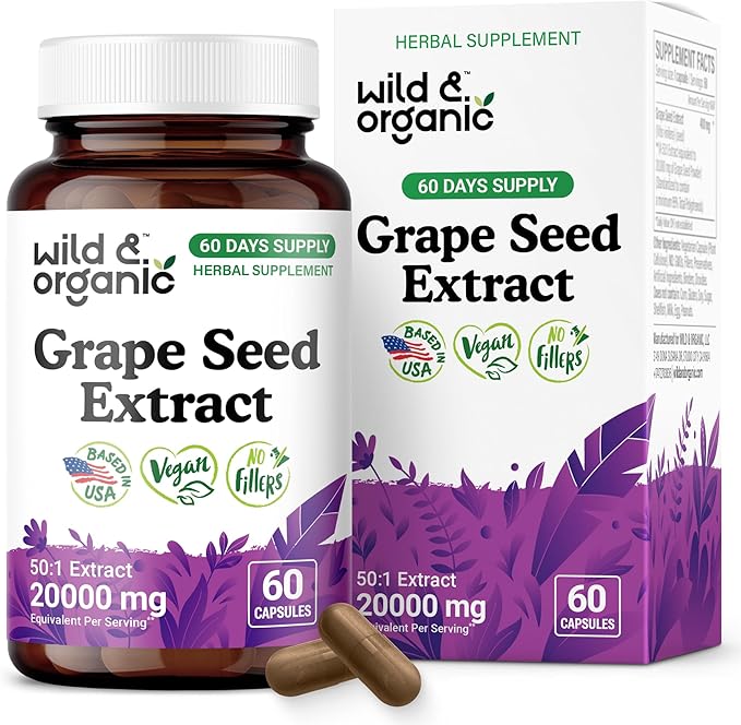 Wild & Organic Grape Seed Extract Capsules - Antioxidant Support - Grapeseed Extract 400 mg - 95% Polyphenols - 2 Month Supply - 60 Vegan Capsules - Non-GMO
