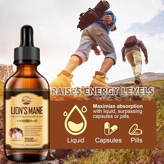 Nature's live Lions Mane Supplement, Liquid Mushroom Extract Drops, 8 Mushrooms Complex for Immune System, Memory, Focus Boost, Mushroom Supplement with Lion's Mane, Cordyceps, Reishi, Vegan, 2 Pack