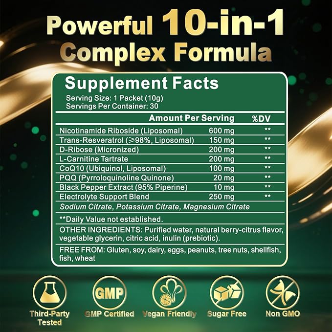 NAD Supplement with Liposomal Nicotinamide Riboside 600mg, Resveratrol, CoQ10, PQQ & D-Ribose, Electrolyte Blend, 30 Liquid Packets