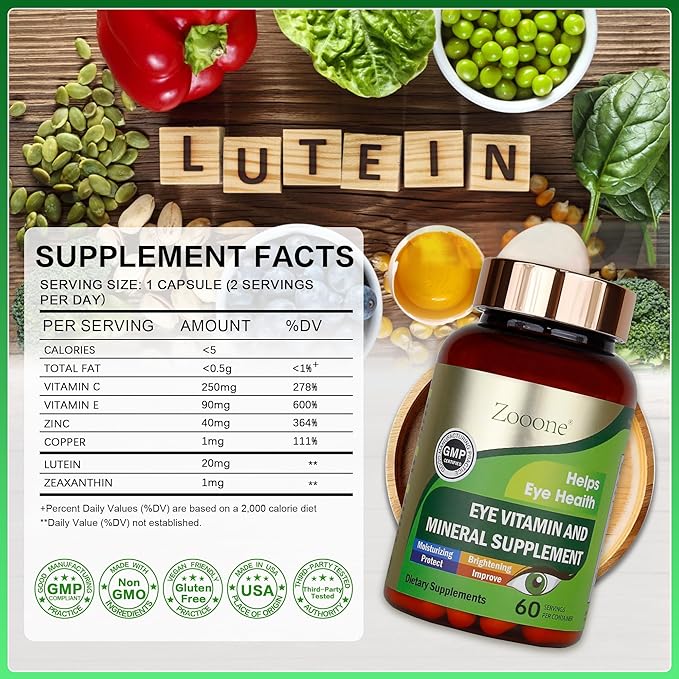 zooone- 60pcs Lutein Eye Vitamins Supplement Nutritional Supplement for Macular Health & Dry Eye Support, Contains Lutein, Zinc, Vitamins C/E & Zeaxanthin
