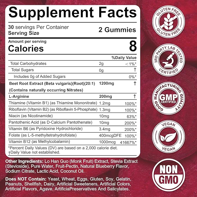 Beet Root Gummies, Beetroot & L-Arginine, Red Beets Supplements w/ Vitamin B1, B2, B3, B5, B6, Folate, B12 for Energy Boost & Circulation Support, Sugar Free Nitric Oxide Gummies, 120 Beet Chews