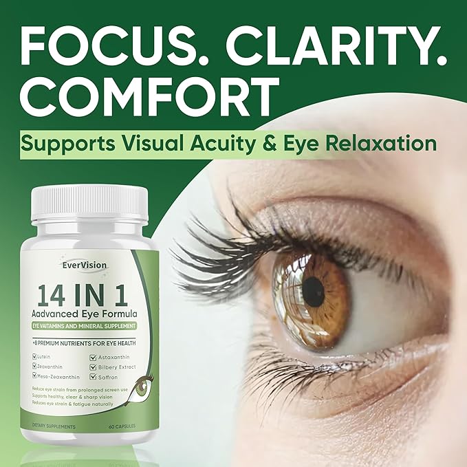 14 in 1 Advanced Eye Formula, Eye Supplement with Lutein, Zeaxanthin, Astaxanthin, Bilberry Extract & Zinc, Eye Vitamin and Mineral Supplement for Adults & Seniors, 60 Capsules (1)