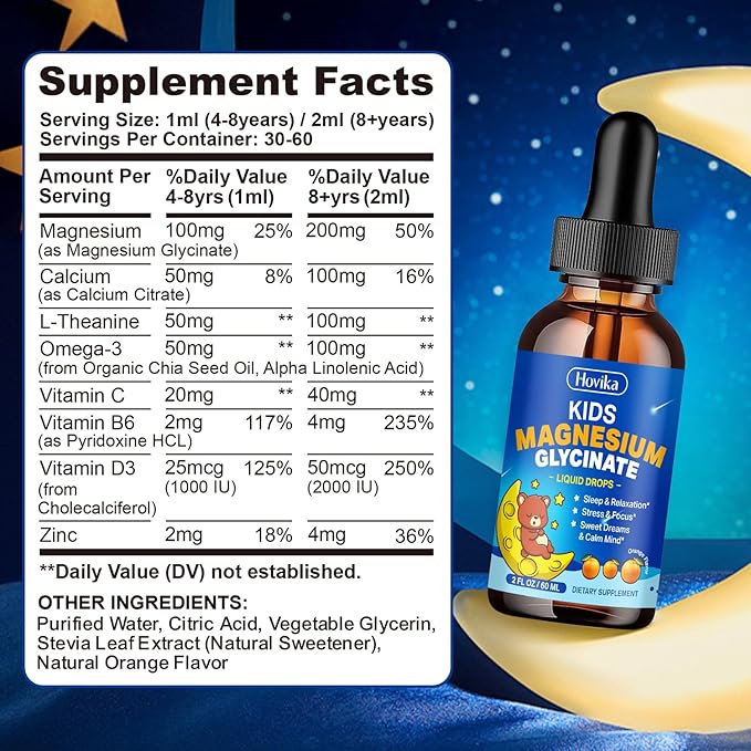 2 Pack Magnesium Glycinate Liquid for Kids - with L-Theanine Omega-3, Vitamin B6, D3, Zinc - Kids Magnesium Drops for Sleep, Relaxation, Calm & Focus - Orange Flavor