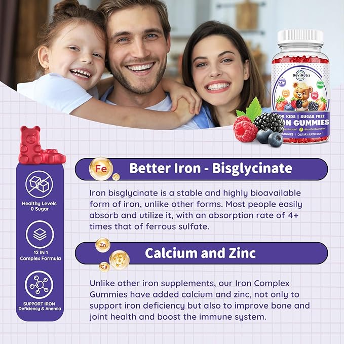Iron Supplement Gummies for Kids - with Calcium, Zinc, Kids Multivitamin with Iron Gummies - Immune Support, Blood Builder & Energy Support for Iron Deficiency, Anemia, Mixed Berry Flavor, 60 Gummies